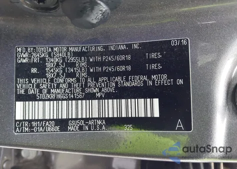 2016 Toyota Highlander Le Plus V6 from USA, damaged, VIN 5TDZKRFH6GS141567